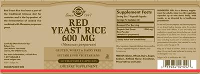 Photo of the Solgar Red Yeast Rice 600 mg label