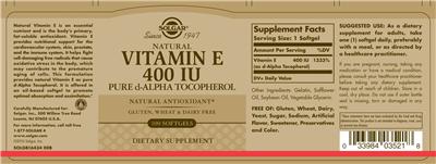 Natural Vitamin E 400 IU Pure D-Alpha Tocopherol