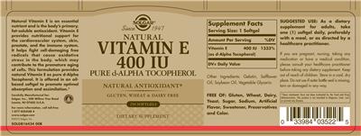 Photo of the Solgar Natural Vitamin E 400 IU Pure D-Alpha Tocopherol label