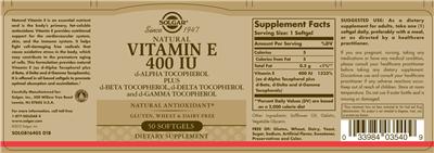 Photo of the Solgar Natural Vitamin E 400 IU label