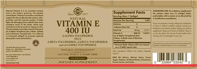 Photo of the Solgar Natural Vitamin E 400 IU label