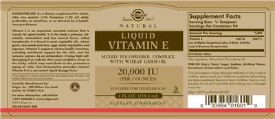 Photo of the Solgar Natural Liquid Vitamin E label