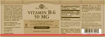Photo of the Solgar Vitamin B6 50 mg label