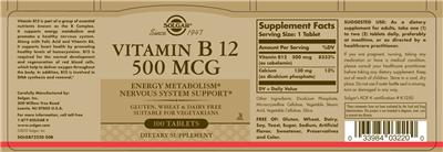 Product label for Vitamin B12 500 mcg