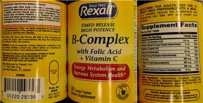 Photo of the Rexall B-Complex With Folic Acid + Vitamin C label