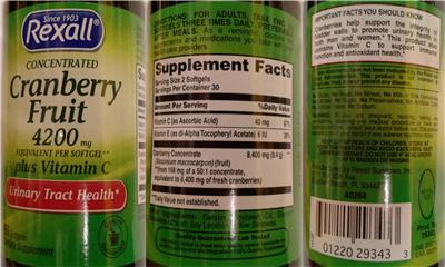 Photo of the Rexall Concentrated Cranberry Fruit Plus Vitamin C label
