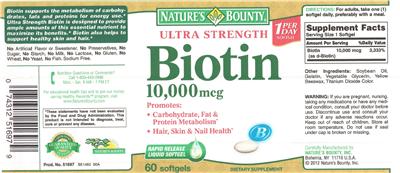 Photo of the Nature's Bounty Ultra Strength Biotin 10,000 mcg label