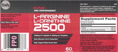 Photo of the GNC Pro Performance L-Arginine L-Ornithine 2500 label