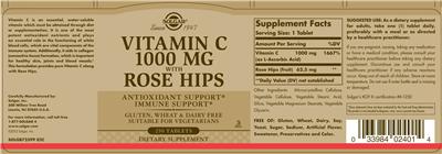 Photo of the Solgar Vitamin C 1000 mg with Rose Hips label
