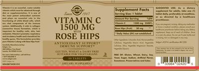 Photo of the Solgar Vitamin C 1500 mg with Rose Hips label