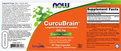 Photo of the NOW CurcuBrain 400 mg label