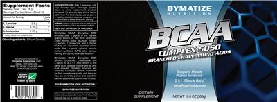 Photo of the Dymatize Nutrition BCAA Complex 5050 Branched Chain Amino Acids label