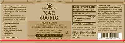 Photo of the Solgar NAC 600 mg label