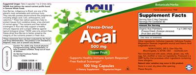 Photo of the NOW Freeze-Dried Acai 500 mg label