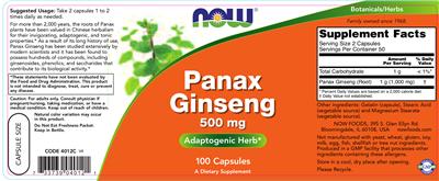 Photo of the NOW Panax Ginseng 500 mg label