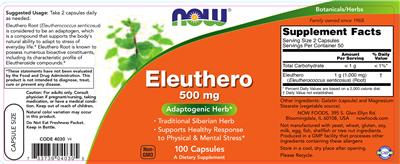 Photo of the NOW Eleuthero 500 mg label