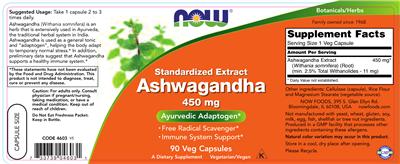Product label for Standardized Extract Ashwagandha 450 mg