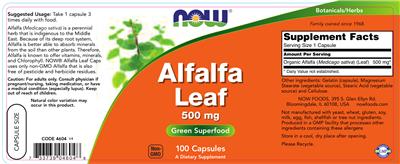 Photo of the NOW Alfalfa Leaf 500 mg label