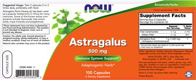 Photo of the NOW Astragalus 500 mg label