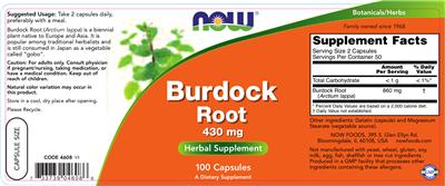 Photo of the NOW Burdock Root 430 mg label