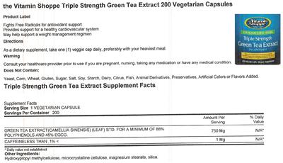 Photo of the The Vitamin Shoppe Green Tea Extract Triple Strength label