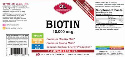 Photo of the OL Olympian Labs Biotin 10,000 mcg label