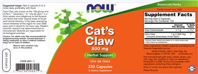 Photo of the NOW Cat's Claw 500 mg label