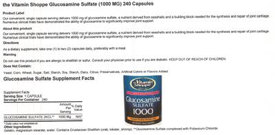 Photo of the The Vitamin Shoppe Glucosamine Sulfate 1000 label