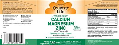 Photo of the Country Life Target-Mins Calcium Magnesium Zinc label