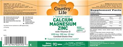 Photo of the Country Life Target-Mins Calcium Magnesium Zinc label