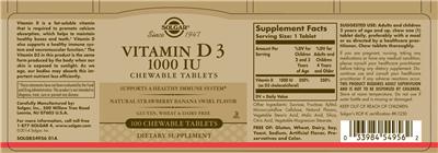 Photo of the Solgar Vitamin D3 1000 IU Chewable Tablets Natural Strawberry Banana Swirl Flavor label