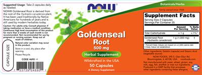 Photo of the NOW Goldenseal Root 500 mg label