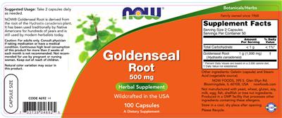 Photo of the NOW Goldenseal Root 500 mg label