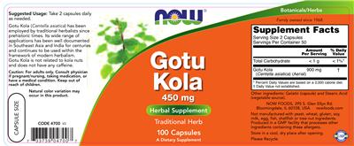 Photo of the NOW Gotu Kola 450 mg label