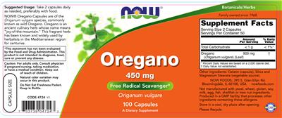 Photo of the NOW Oregano 450 mg label