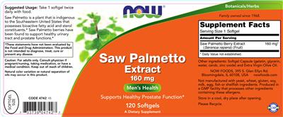 Photo of the NOW Saw Palmetto Extract 160 mg label