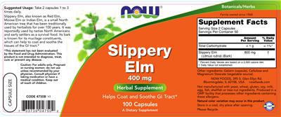 Photo of the NOW Slippery Elm 400 mg label