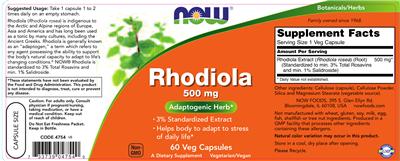 Photo of the NOW Rhodiola 500 mg label