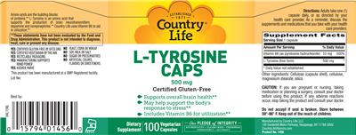 Photo of the Country Life L-Tyrosine Caps 500 mg label