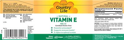 Photo of the Country Life Natural VItamin E 400 IU label
