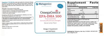 Photo of the Metagenics OmegaGenics EPA-DHA 500 Natural Lemon Flavor label