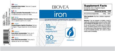 Photo of the BIOVEA Iron 18 mg label