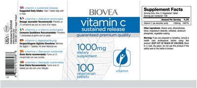 Photo of the BIOVEA Vitamin C Sustained Release 1000 mg label