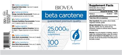Photo of the BIOVEA Beta Carotene 25,000 IU label