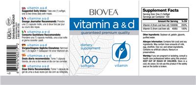 Photo of the BIOVEA Vitamin A & D label