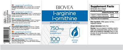 Photo of the BIOVEA L-Arginine L-Ornithine 750 mg label