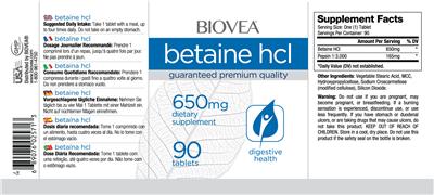 Photo of the BIOVEA Betaine HCl 650 mg label