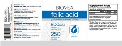 Photo of the BIOVEA Folic Acid 800 mcg label