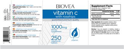 Photo of the BIOVEA Vitamin C with Rose Hips 1000 mg label