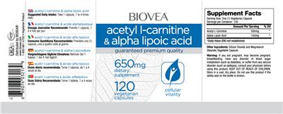 Photo of the BIOVEA Acetyl L-Carnitine & Alpha Lipoic Acid 650 mg label